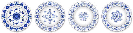 Set of blue porcelain plates. Decorative ceramic plates ornate with traditional floral pattern, Chinese motives, blue on white, Russian Gzhel style. Isolated objects, vector illustrationのイラスト素材