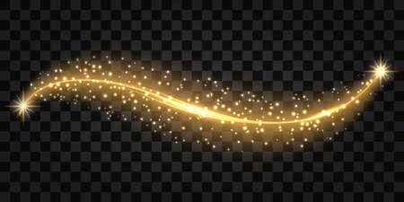 Gold glittering wave with light shine, neon effect and star dust particles. Abstract design element isolated on black transparent background. Vector illustrationのイラスト素材