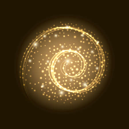 Light golden effect on black background. Neon spiral dynamic shape with shine of golden dust particles, sparkles and stars. Technology futuristic vector illustrationのイラスト素材