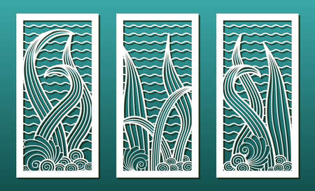  Set of panels for laser cutting, vector. Templates for wood or metal cut, fretwork stencil, paper art, card or interior design. Abstract underwater pattern with floral and sea shell elements. のイラスト素材
