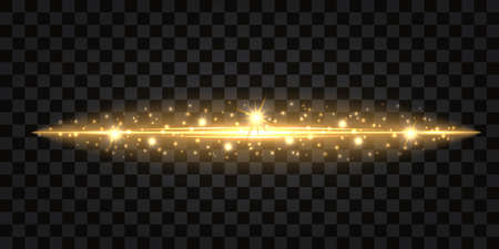 Gold glittering line with light shine, neon effect and star dust particles. Abstract design element isolated on black transparent background. Vector illustrationのイラスト素材
