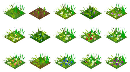 Isometric grass and flowers set. Isolated tiles to design farm or garden landscape. For cartoon or game asset. Vector illustration.のイラスト素材