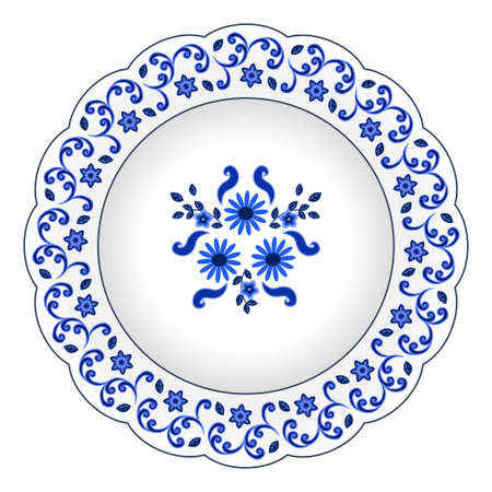 Decorative porcelain plate ornate with floral pattern. Isolated object, design with flowers and chamomiles, blue on white, top view. Vector illustrationのイラスト素材