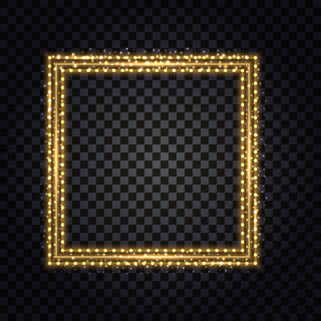 Gold square frame with glowing glitter effect. Isolated design element on transparent background with light shine, golden border for photo or poster. Vector illustrationのイラスト素材