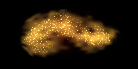 Abstract gold cloud with glowing and glitter effect. Golden smoke with light shiny particles, star dust and flash on black  background. Vector illustrationのイラスト素材