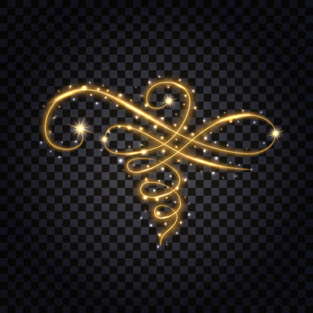 Gold flourish with light glowing effect. Design element isolated for decoration, golden glitter, neon shine, stars and luminous dust sparkles. Vector illustrationのイラスト素材