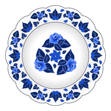 Decorative porcelain plate ornate with floral pattern. Isolated object, design elements i in traditional style, with rose flowers and leaves, blue on white, top view. Vector illustrationのイラスト素材