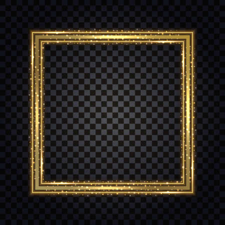 Gold square frame with glowing glitter effect. Isolated design element on transparent background with light shine, golden border for photo or poster. Vector illustrationのイラスト素材