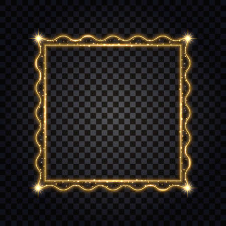 Gold square frame with glowing glitter effect. Isolated design element on transparent background with light shine, golden border for photo or poster. Vector illustrationのイラスト素材