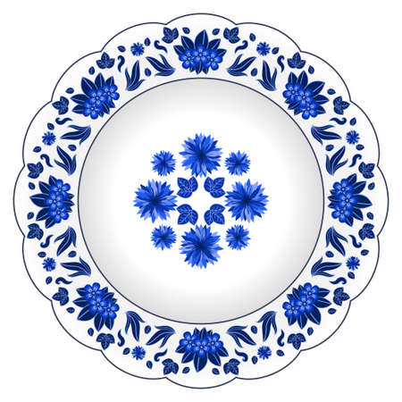 Decorative porcelain plate ornate with floral pattern. Isolated object, design elements i in traditional style, wild flowers and leaves, blue on white, top view. Vector illustrationのイラスト素材
