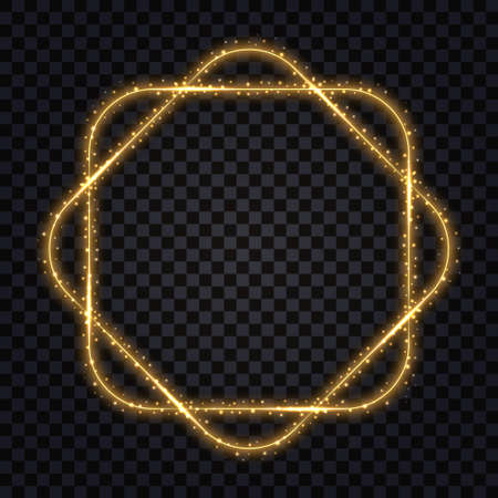 Gold decorative frame with light glow effect. Border with neon shine, sparkles and glitter. Isolated design element on transparent dark background. Vector illustrationのイラスト素材