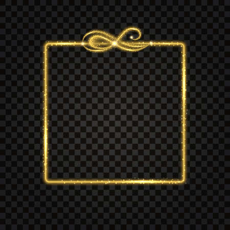 Gold square frame. Golden glow glittering effect, neon shine, light particles and star dust. Design element, border with vintage flourish. Isolated on dark transparent background. Vector illustrationのイラスト素材