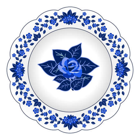 Decorative porcelain plate ornate with floral pattern. Isolated object, design elements i in traditional style, flowers and leaves, blue on white, top view. Vector illustrationのイラスト素材