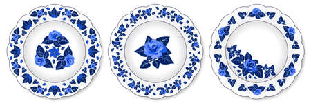 Porcelain plates ornate with floral pattern, blue on white. Set of decorative elements isolated. Traditional design in oriental Chinese style, rose flowers and leaves. Vector illustrationのイラスト素材