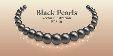 Black pearl necklace with light shiny effect and glowing sparkles. Luxury beauty design vector illustration.のイラスト素材