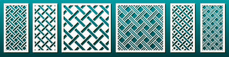 Laser cut template set, abstract geometric pattern. Panel decor, metal cutting, wood carving, paper art, fretwork stencil design. Vector illustrationのイラスト素材