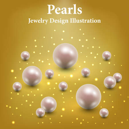 Pearls on golden glittering background. Luxury jewelry design with light glowing and sparkles. Vector illustrationのイラスト素材