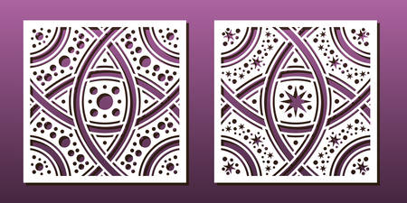Laser cut template set, abstract geometric pattern. Panel decor, metal cutting, wood carving, paper art, fretwork stencil design. Vector illustrationのイラスト素材