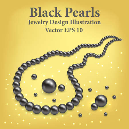 Black pearl necklace. Jewel luxury design vector illustration. Realistic 3d pearls on golden background with light shiny effect.のイラスト素材