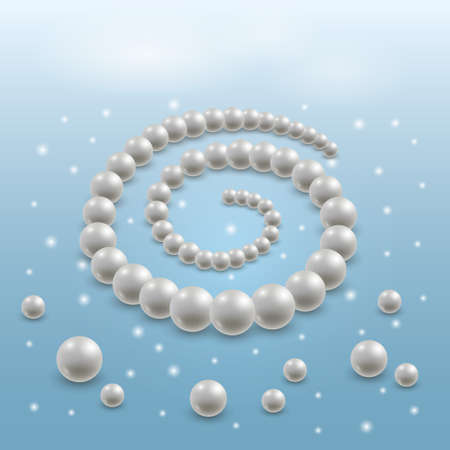 Pearl necklace, elegant jewel illustration. 3d realistic pearls on blue background with light shiny effect. Vector illustrationのイラスト素材