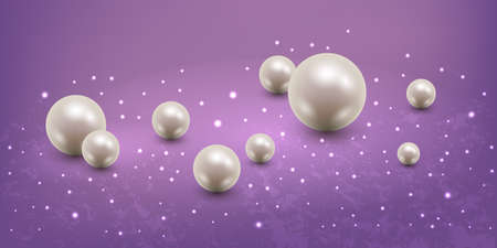Abstract background with realistic pearls. Single 3d pearls, luxurious design with light glow effect and sparkles. Vector illustrationのイラスト素材