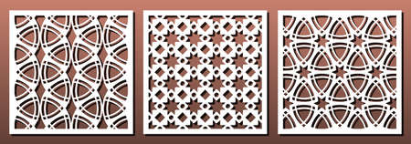 Laser cut template set, abstract geometric pattern. Panel decor, metal cutting, wood carving, paper art, fretwork stencil design. Vector illustrationのイラスト素材