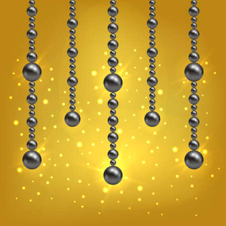 Golden background with threads of black pearls. Luxurious design with gold glowing effect and shiny sparkles. Vector illustrationのイラスト素材