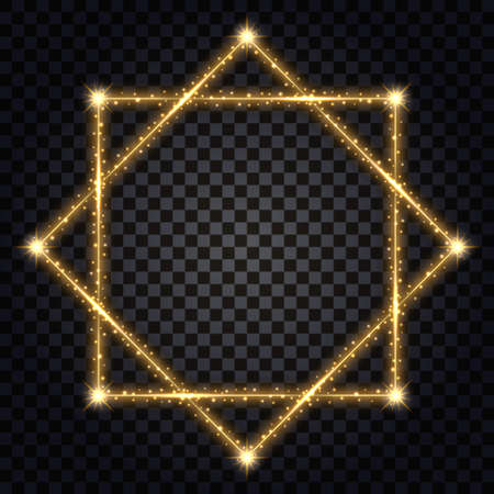 Gold decorative frame with light glow effect. Border with neon shine, sparkles and glitter. Isolated design element on transparent dark background. Vector illustrationのイラスト素材