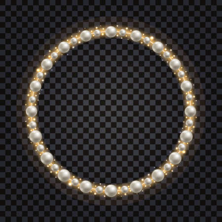 Decorative frame with white pearls and gold glowing sparkles. Shiny golden glitter, jewelry design, realistic pearls. Round frame border isolated on dark transparent background. Vector illustrationのイラスト素材