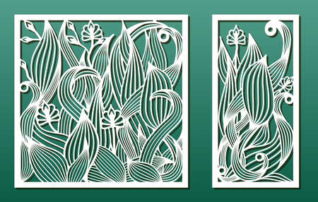 Laser cut templates, set of panels with floral pattern. Wood or metal cutting, panel decor, paper art, fretwork stencilsのイラスト素材