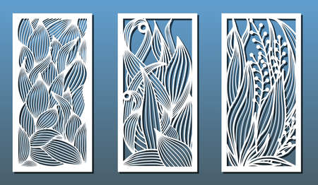 Laser cut templates, set of panels with floral pattern. Wood or metal cutting, panel decor, paper art, fretwork stencils. Vector illustrationのイラスト素材