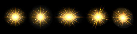 Light flash with gold glowing effect and glittering sparkles. Golden shining sun. Set of elements on black background. Vector illustrationのイラスト素材