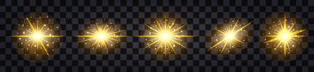 Golden glowing effect with sparkles and light flash. Shihng sun, gold star, shimmering particles. Set of isolated elements. Vector illustrationのイラスト素材