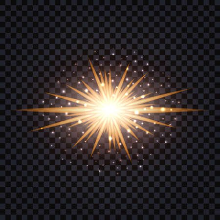 Golden glowing light flash effect isolated. Sun shining flare with glittering sparkles and dust particles. Vector illustrationのイラスト素材