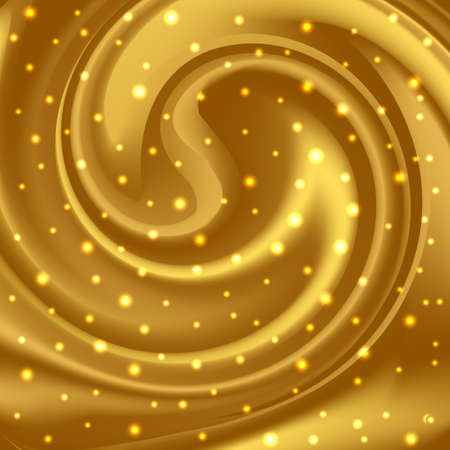 Gold glowing and swirl waves, luxurious shiny abstract background. Golden glitter sparkles, dynamic motion spiral pattern. Vector illustrationのイラスト素材