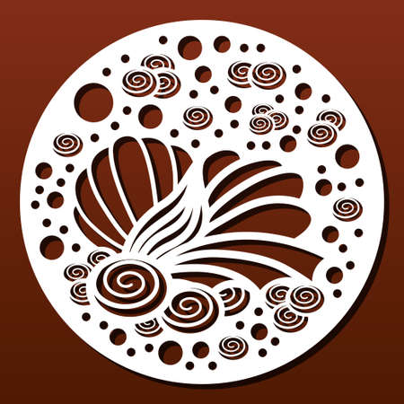 Laser cut template. Circular panel pattern for diy laser cutting. Design with seashells and underwater world.Vector ornament for paper art, fretwork, wall decor or wood coasters.のイラスト素材