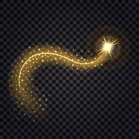 Golden wave with light glowing effect. Shiny star with swirl trail and glitter, isolated design element  on transparent background. Vector illustrationのイラスト素材