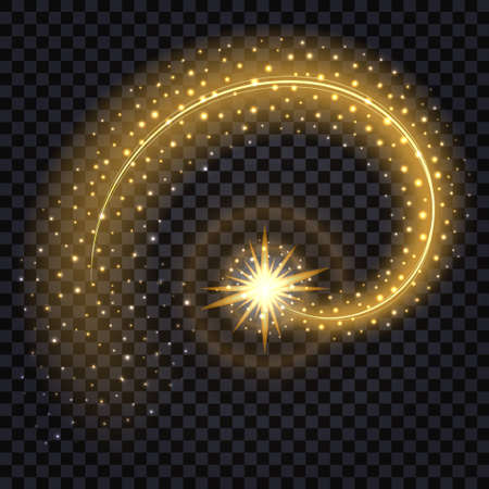 Golden wave with light glowing effect. Shiny star with swirl trail and glitter, isolated design element  on transparent background. Vector illustrationのイラスト素材