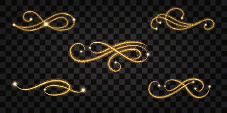 Gold glowing swirl. Set of decorative flourishes for your design. Light shine effect, golden wavel,  glittering sparkles snd stars. Vector illustrationのイラスト素材
