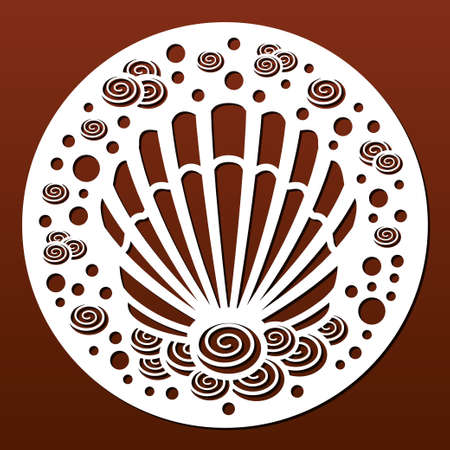 Laser cut template. Circular panel pattern for diy laser cutting. Design with seashells and underwater world.Vector ornament for paper art, fretwork, wall decor or wood coasters.のイラスト素材