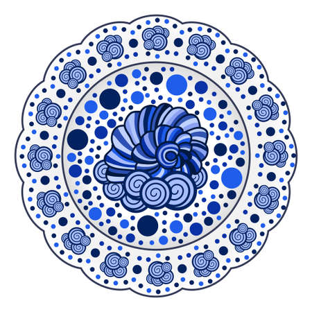 Porcelain plate ornate with blue nautical pattern with seashells. Useful for seafood table decoration.のイラスト素材