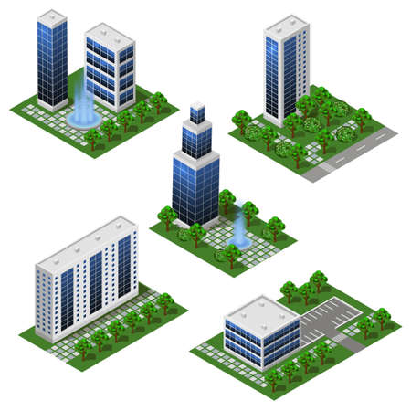 Modern City Buildings. Isometric set of isolated modules in flat style. Big houses and office buildings, street and outdoor park.のイラスト素材