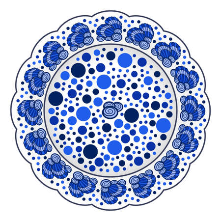 Porcelain plate ornate with blue nautical pattern with seashells. Useful for seafood table decoration.のイラスト素材