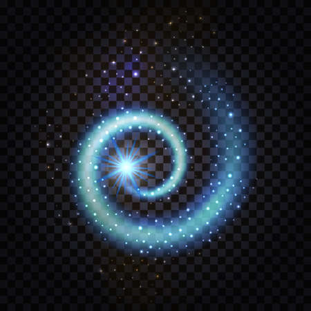 Blue magic spiral swirl. Glowing wave with light effect and stardust glittering sparkles on transparent background.  Night space galaxy.のイラスト素材