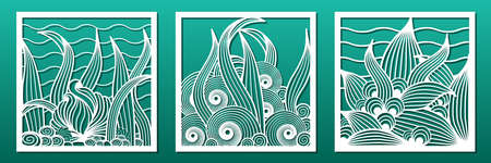 Laser cut panels for cnc plasma cutting. Wall art, decorative room screens, home decor. Underwater nautical pattern with sea weeds and seashells. For metal or wood carving.のイラスト素材