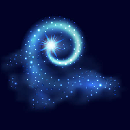 Magic light swirl. Blue glowing spiral wave with shiny star and sparkles. Abstract night galaxy background.のイラスト素材