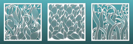 Laser cut panels with floral pattern. Set of templates for interior design, wall art decor, room divider screens. Wood or metal cutting and carving, fretwork stencils.のイラスト素材