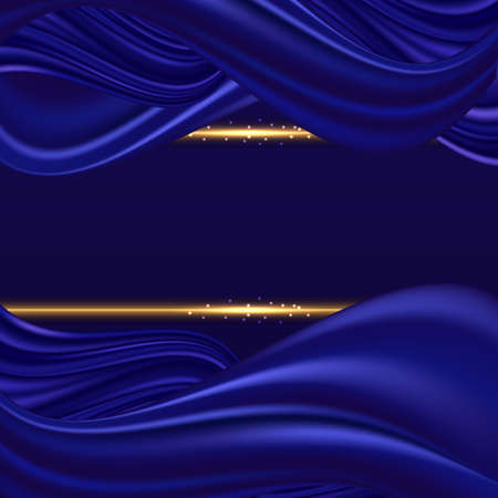Blue silk wavy background. Deep blue satin swirl waves and golden glowing border lines. Abstract color flow, decor for cover or posger design. Vector illustrationのイラスト素材