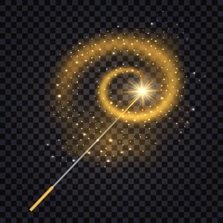 Magic wand with gold glowing sparkle trail, shiny star dust and light effect. Isolated object on dark transparent background. Vector illustrationのイラスト素材
