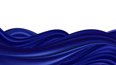 Blue wave swirl, smooth silk or satin texture. Wavy luxurious border on white background, deep blue color flow abstract design. Vector illustrationのイラスト素材